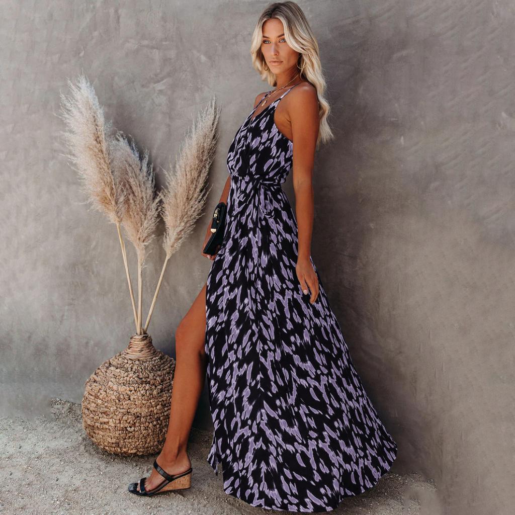 Summer Woman's Halter Dress Open Halter V-neck Elastic Waist Sexy Print Length Dress