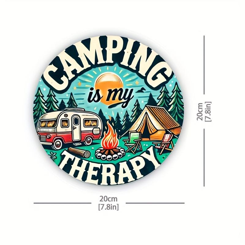 D Flat Pc Vintage Camping Aluminum Wall Art Sign X Inch Aluminum Round Plaque with Campfire RV and Tent Design