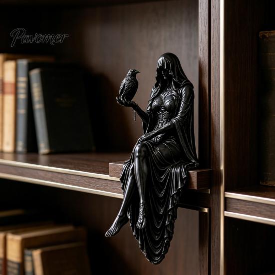 Durable Decorative Statue 3D Printed/Resin Hooded Lady Bookshelf Figure, Gothic Sitting Sculpture, Retro Style Ornament Mystery Cloak Goddess for Home