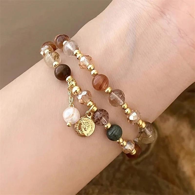 Elegant Double Layered Crystal Pearl Beaded Bracelet for Women Chic Beads Wrap Pendant Bangle Wedding Party Jewelry