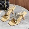 Fashion Summer New Large Chain High Heels Women's Square Toe Open Toe One Strap Stiletto Temperament Non-slip Sandals