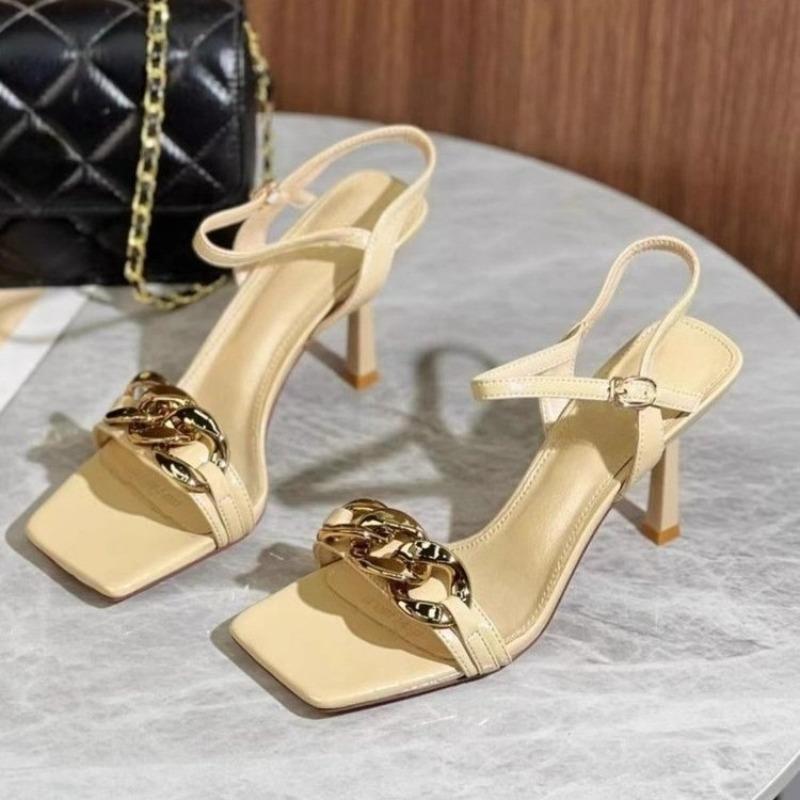 Fashion Summer New Large Chain High Heels Women's Square Toe Open Toe One Strap Stiletto Temperament Non-slip Sandals
