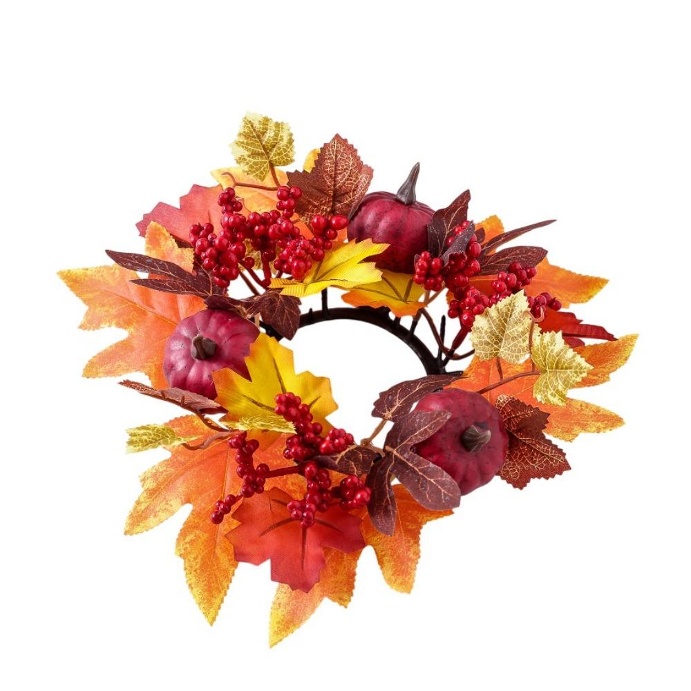Simulated Maple Leaf Autumn Candle Wreath Faux Maple Leaf Harvest Decor Candle Ring Table Centerpiece 1pc Fall Candle Holder