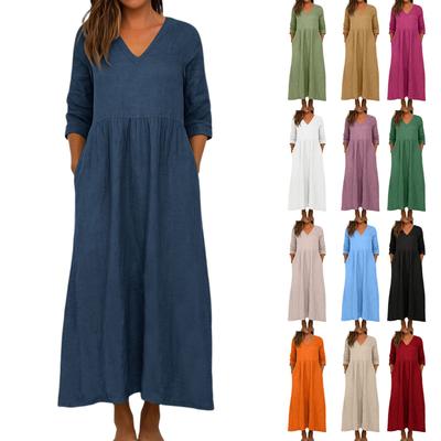 Vestido Para Mujer Vestido Largo Boho de Playa Vestido Maxi Elegante Cuello en V Vestido de Manga 3/4 Con Bolsillos