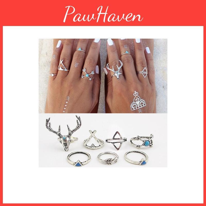 Vintage Gold And Silver Boho Gypsy Deer Head Triangle Turquoise Alloy Rings For Men And Women