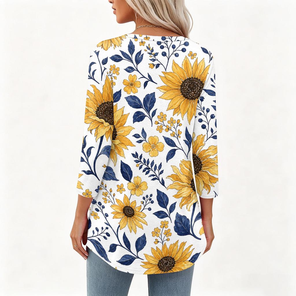 Women 3/4 Sleeve V Neck Henley Floral Print Pullover Casual T Shirt Top Lightweight Soft Fabric Comfortable Fit
