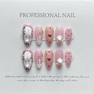 Ongles artificiels en amande 100 % faits à la main, rose d'été, Rococo, Sweet Pet Series, lapin, à presser, faux ongles réutilisables et amovibles