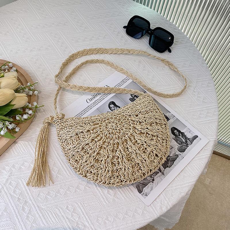 

New Half Round Straw Bags for Women Summer Beach Rattan Bag Handmade Woven Half Moon Crossbody Bag Handbags 27*19*2cm бежевый