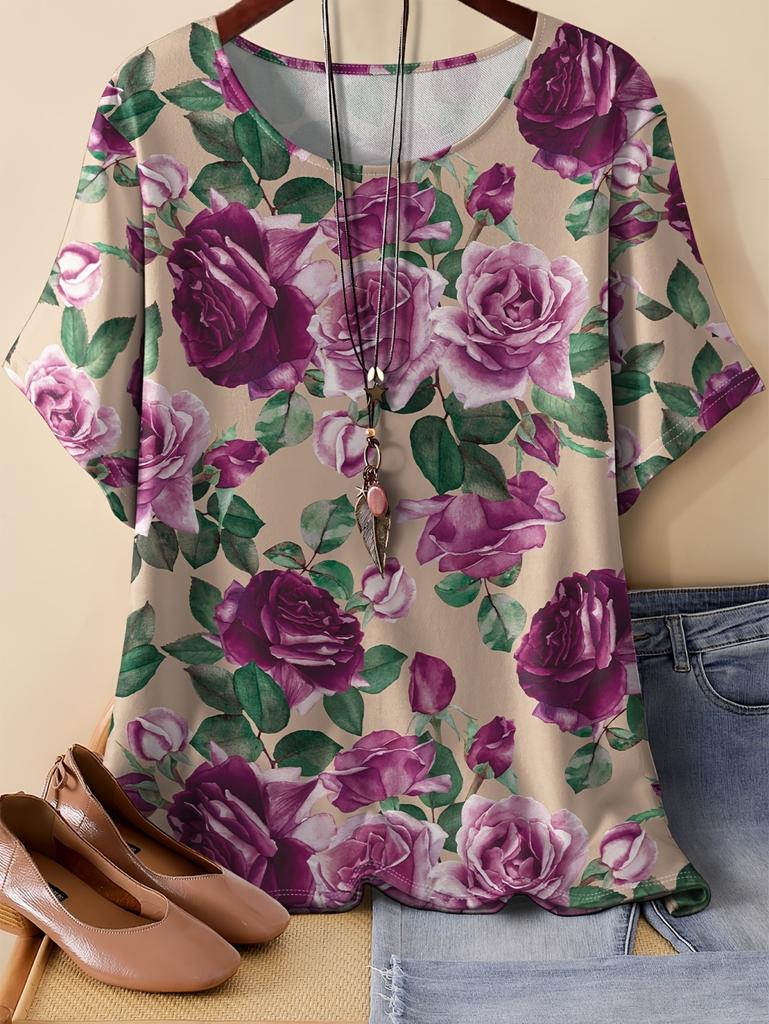 2026 Women's Casual Loose Fit T-Shirt Floral Print Short Sleeve Round Neck Top Tees Plus Size Summer Tops Flower Woman Clothing