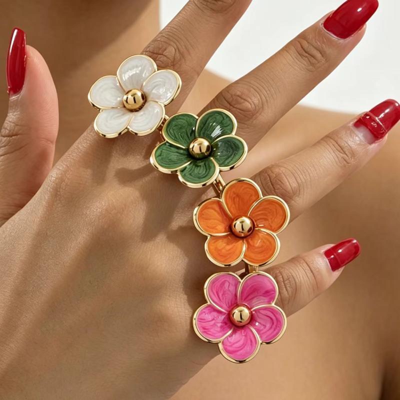 Gold Plated Colorful Enamel Flower Ring Elegant Dainty Floral Pattern Skin-friendly for Women Daily Date Wear Accessory