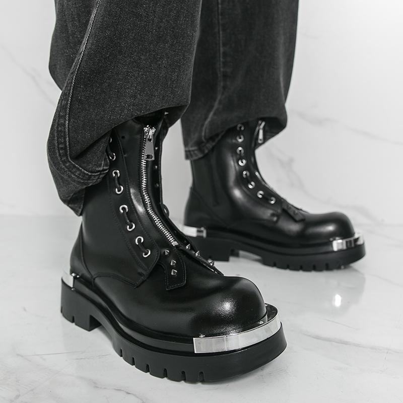 Men Motorcycle Black Thick Sole Height Increase High Boots Street Style Cool Elevator Punk Boots Large Size
