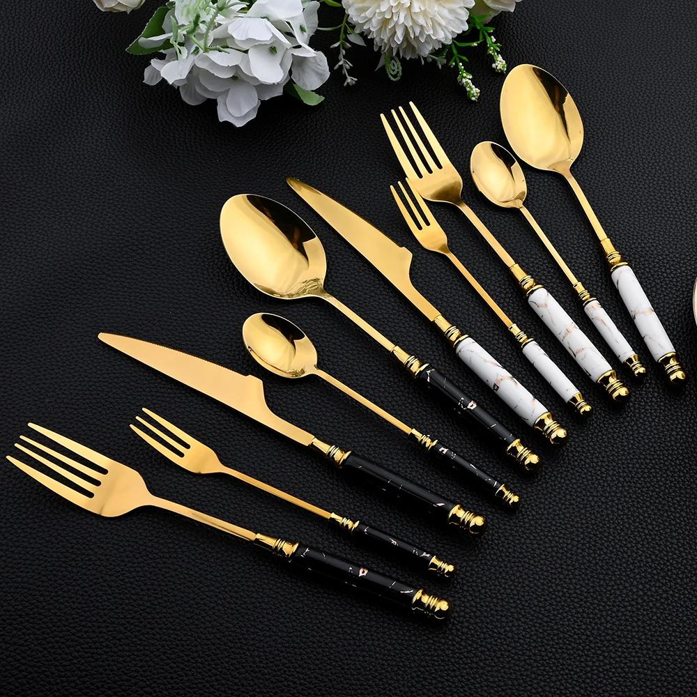 24Pcs Cutlery Set Stainless Steel Dinnerware Kitchen Fork Knife Tea Spoon Tableware Set Flatware Set Gold Silverware Set