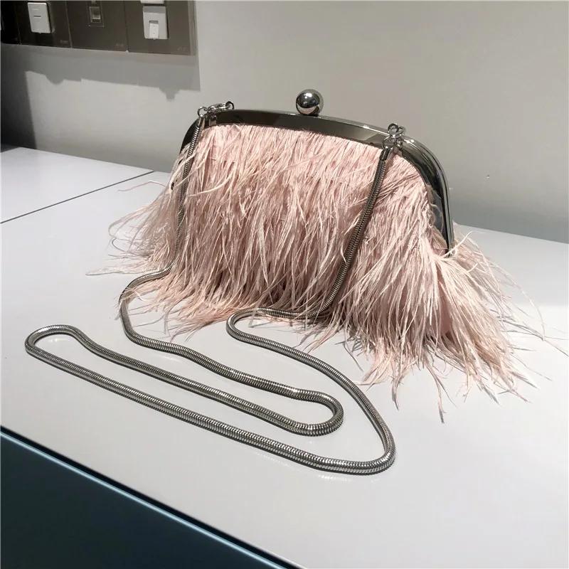 2025 Luxus Mode Damen Tasche Straußenfell Feder Quaste Abendtaschen Damen Tages Clutches Party Hochzeit Geldbörsen Kette Handtasche