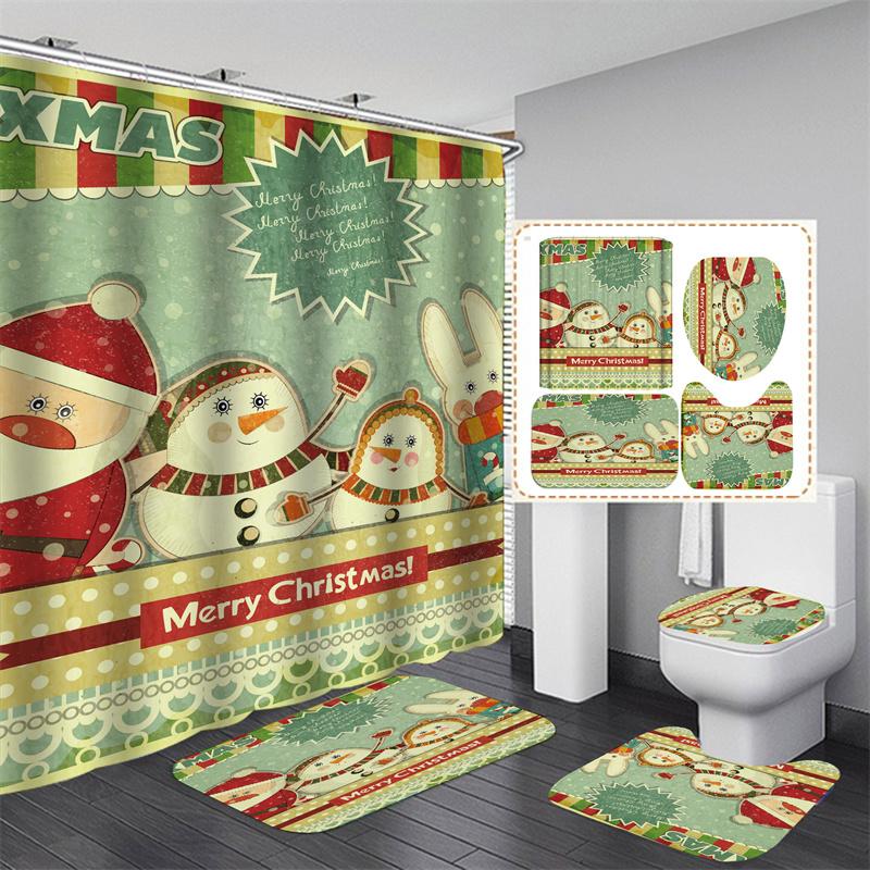 Santa Vánoční sada sprchových závěsů Vanová předložka Protiskluzový koberec Koupelnová přepážka Vodotěsná Domácí dekorace Cortinas Para Ba ñO