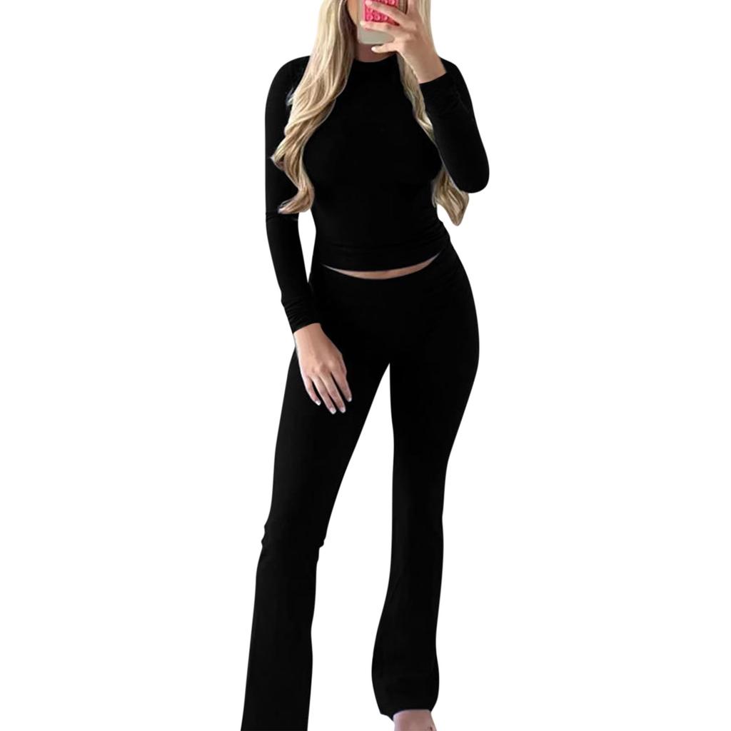 Damen-Set, modisch, einfarbig, Rundhalsausschnitt, Langarm, Oberteil, weites Bein, Hose