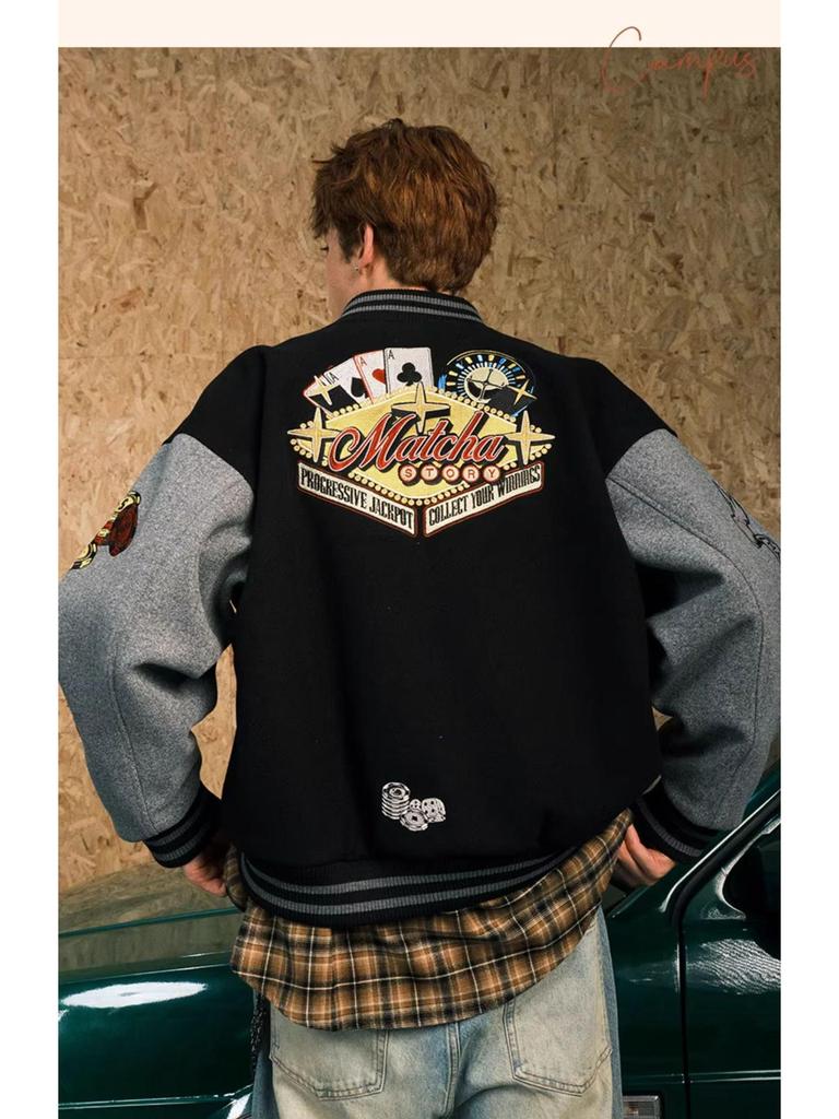 Herren Flockstickerei Bomberjacke für Herbst/Winter – Lockere Passform Amerikanischer High-Street-Stil