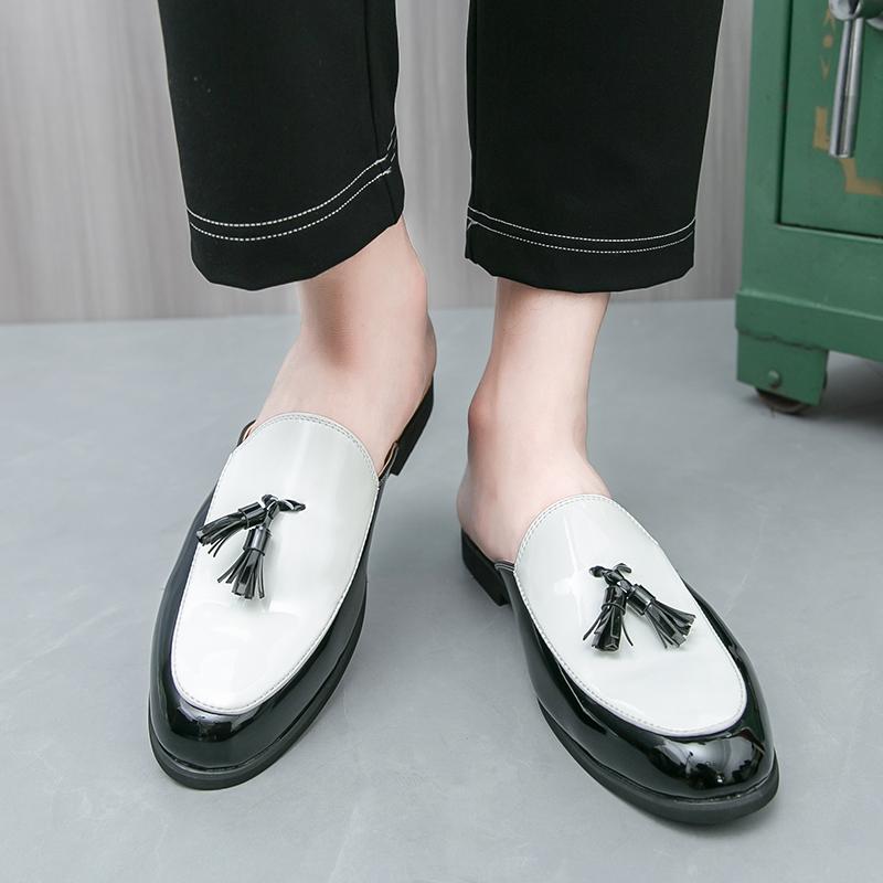 Designové Nové Pánské Bílo-Černé Mix Střapcové Poloviční Pantofle Řidičské Boty Ležérní Lakované Muly Mokasíny Prodyšné Loafers