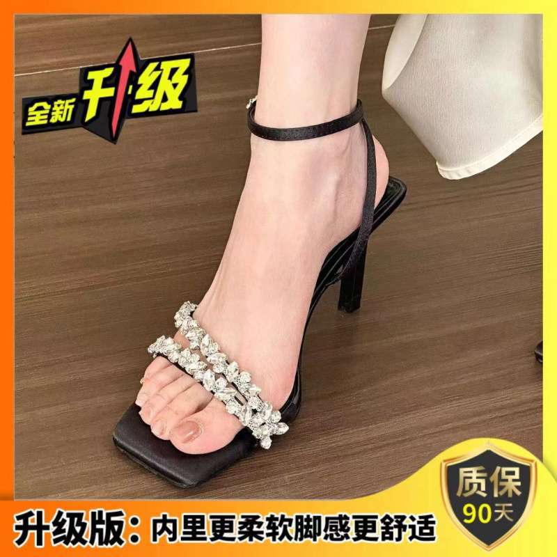 Elingstudio premium open-toed white rhinestone one-word with high-heeled sandals women's summer square-head stilettos