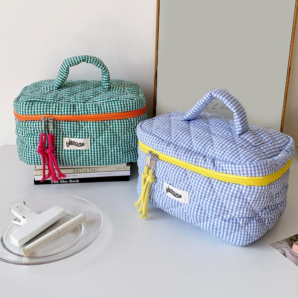 Large Capacity Color Blocking Checkered Cosmetic Bag Trendy Cosmetic Organizer Pouch Protable Travel Wash Storage Bag