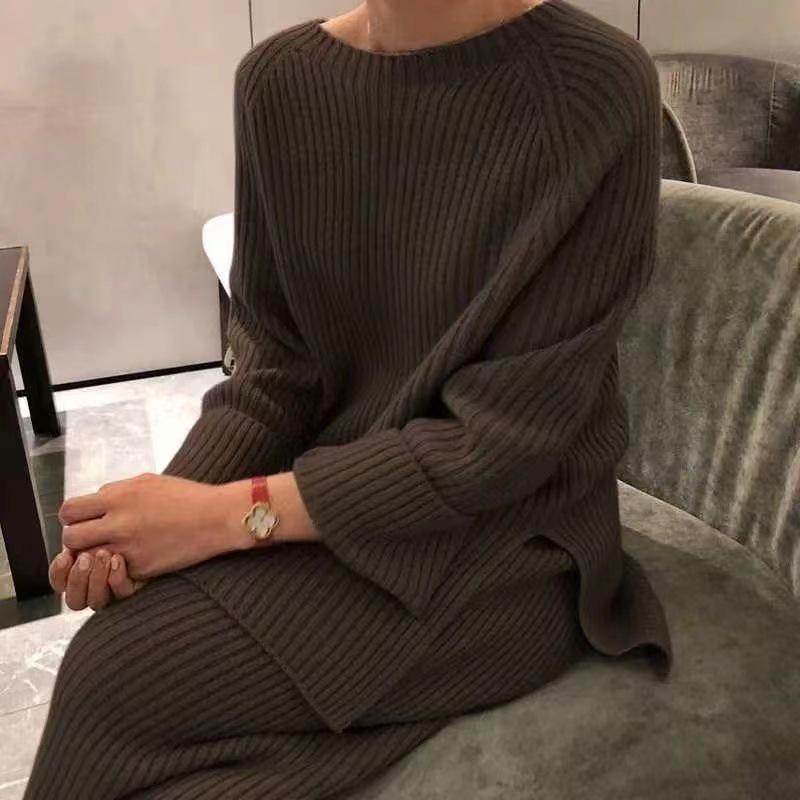 2025 Spring Elegant Solid Color Knit Sweater & Wide-Leg Pants Two-Piece Set for Women
