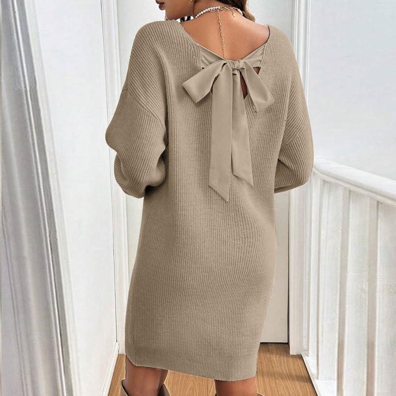 Womens V-Neck Knit Dress With Bow