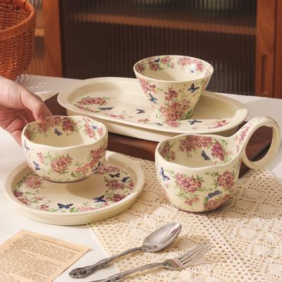 Retro Květinový Krépový Myrtový Keramický Jídelní Set Vysoké Hodnoty Jídelní Set Domácí Zeleninový Talíř Polévkový Talíř Rýžová Mísa Polévkový Dárek