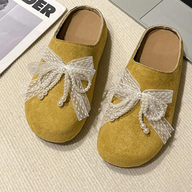 Spring Baotou Slippers for Women Round Head Deep Mouth Suede Beaded Lace Butterfly Knot Soft Soled Non-slip Flats