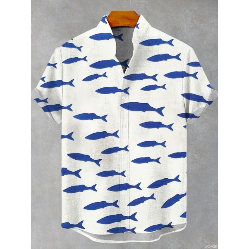 Fashion Men's Casual Sea Life Graphics Short Sleeve Shirt Button Down Lapel Shirts Oversized Tops Casual Hawaiian Shirt for Man