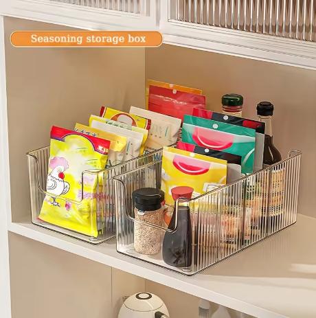 Clear Acrylic Kitchen Organizer Bin with Detachable Dividers Ribbed Pantry Storage Basket for Spices Snacks Cabinet