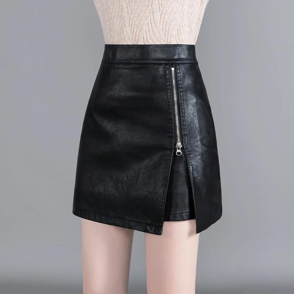 Korean Style High Waist Leather Midi Skirt with Slit - Women’s Autumn/Winter A-line Black Skirt