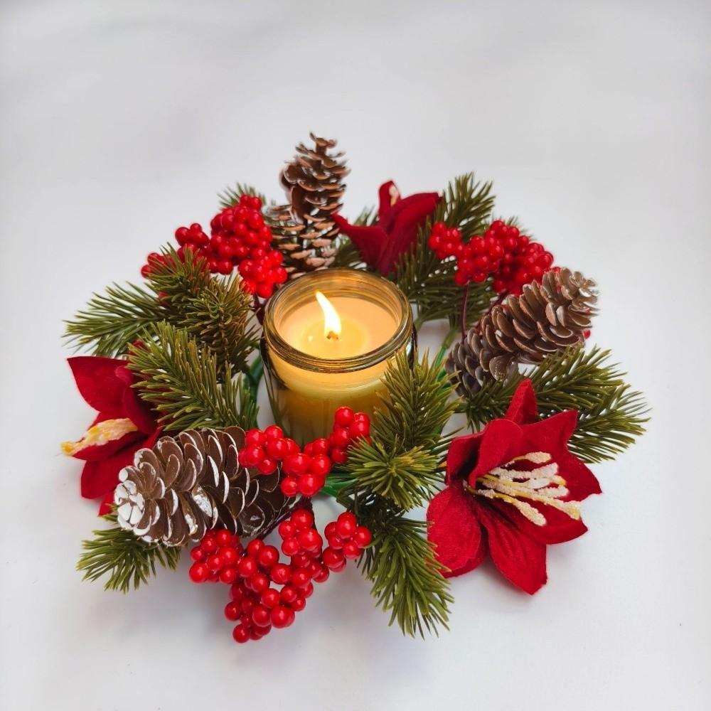 Red Berry Christmas Wreath Candlestick Pinecone Wreath Candle Holder Home Decor