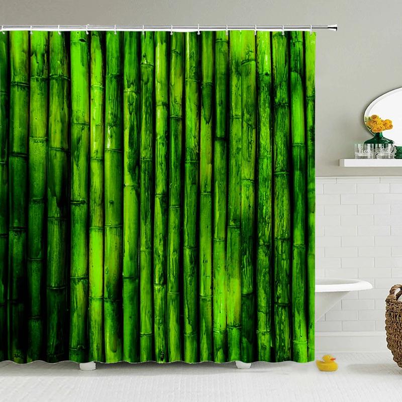 Cortina de ducha de bambú de planta verde, cortina de baño de poliéster impermeable, árboles impresos en 3D, pantalla de baño de 180x200cm con ganchos