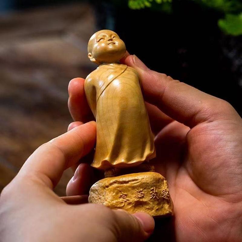 Wood Carving Chinese Characteristic Little Monk Decorate Small Statues Cute Home, Room, Office, Car Character Ornaments