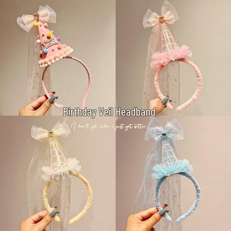 Birthday Hat with Veil Headband for Girls - Party Headwear and Photo Props