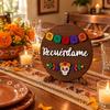 Dia De Los Muertos Decoration Sugar Skull Plate for Day of Dead, Wooden Round Dish with Tabletop Display Stand, Floral
