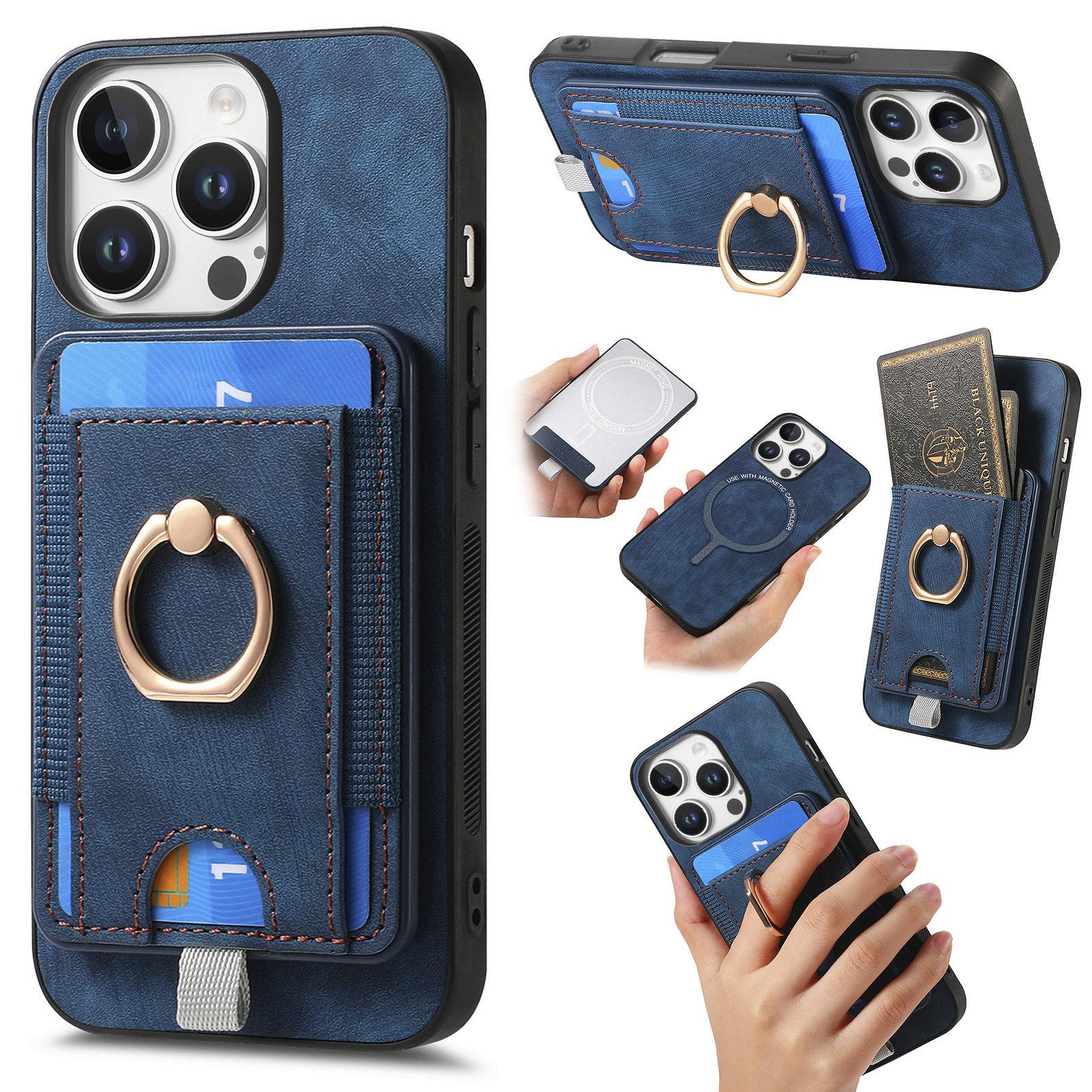 

For iPhone 16 Pro Max Magnetic Case PU Leather Back Cover with Detachable Card Holder Blue