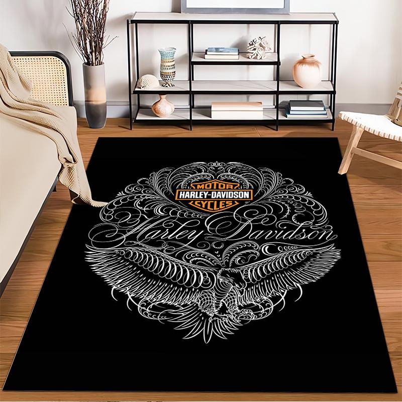 """Schwarzer Teppich mit Harley-Davidson-Logo und Adler-Grafikdesign"" Geeignet für den Einsatz als Anti-Rutsch-Matte für Wohnzimmer, Schlafzimmer, Sofas"""