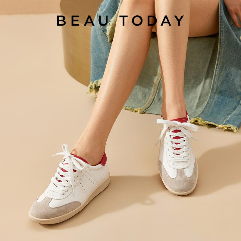 Mode BEAUTODAY Lässige Wildleder-Sneakers Damen Gemischte Farben Leder Ballerinas Schnürverschluss Damen Bequeme Schuhe Handgefertigt 29860
