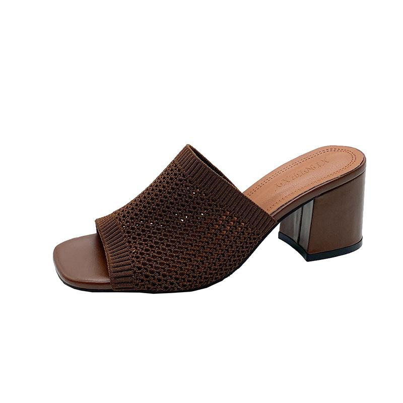 Summer new large size fly-woven high-heeled cool slippers knitted breathable thick heel fashion hollow sandals women