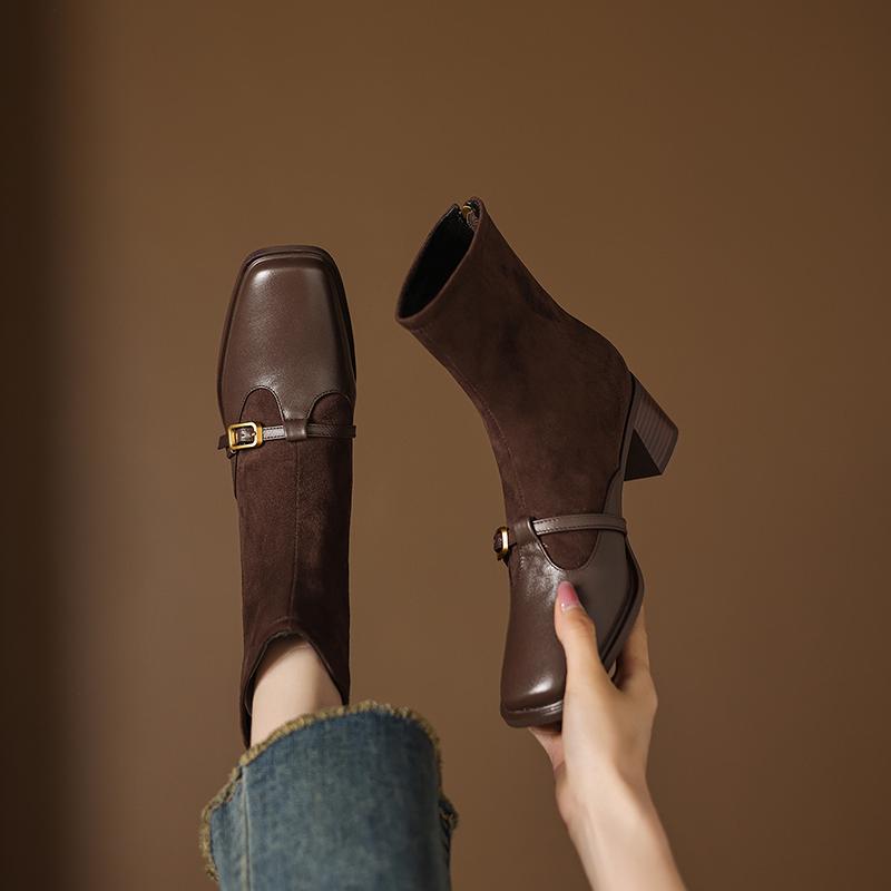 Fashion 2025 NEW Autumn Women Boots genuine leather Women Shoes Square Toe Chunky Heel Slip-on Belt Buckle Western Boots Daily Shoes