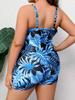 Große Größen Damen Einteiler Boy Short Badeanzug Tropischer Blauer Blattdruck Cami Bauchkontrolle Konservativer Badeanzug Strand Badebekleidung