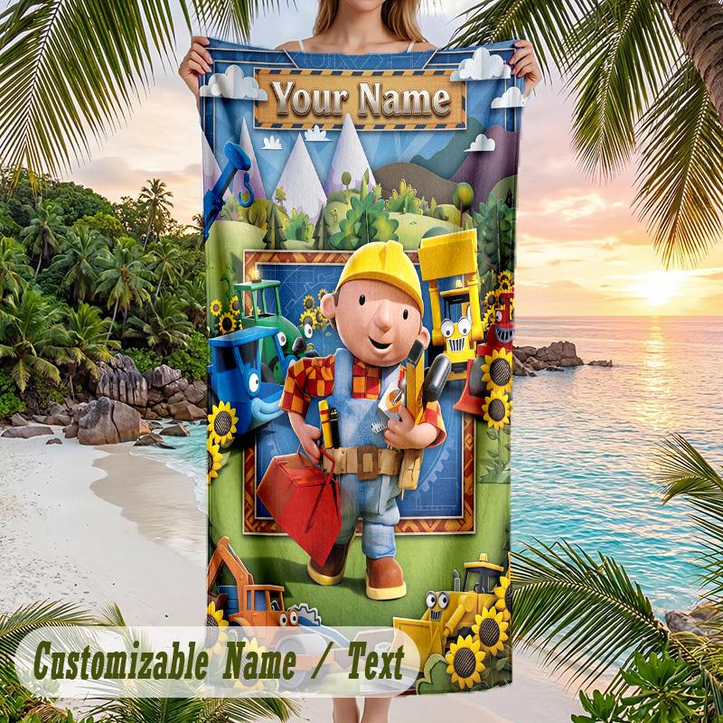 Bob der Baumeister Strandtuch, Personalisiert mit individuellem Text, Schnelltrocknend, Weich, Großes Handtuch für Schwimmbad, Reisen