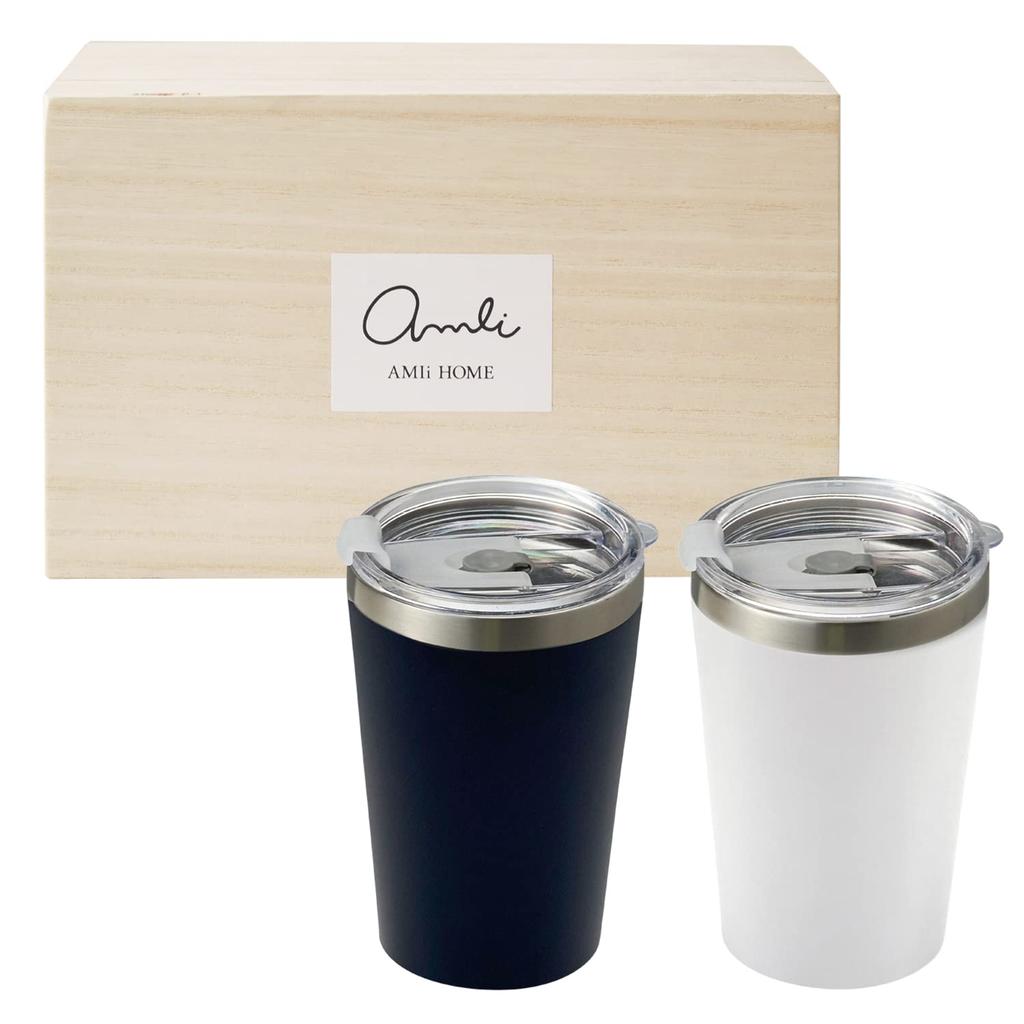 Dolce Duo Tumblers with Lids, Pair Set, 400ml, Cup Holder, WhiteNavy, Perfect for Convenience Stores, Takeout, or As a Gift Set, Wooden Box, DAM-226