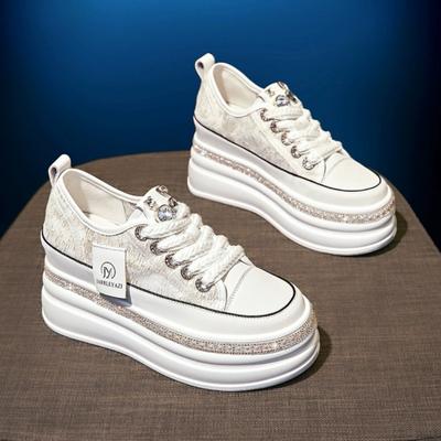 Women 8CM Platform Casual Outdoor Shoes Rhinestone Shine Decoration Sneakers Lace Up Walking Sport Breathable Thick Bottom Shoes