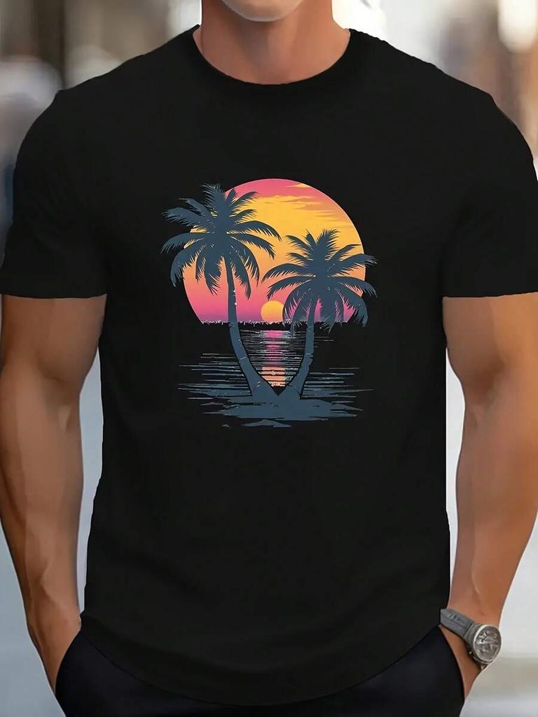 Unisex T-shirt z nadrukiem tropickiego zachodu słońca i palmy