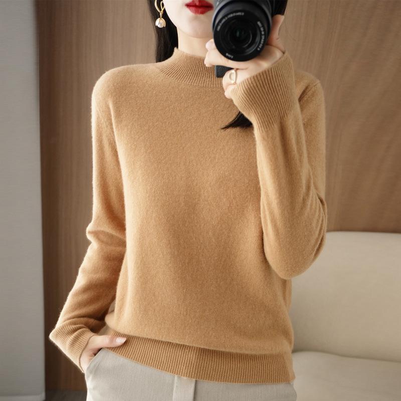 Autumn Winter Sweater Women's Korean Slim Pullover Sweater Half High Neck Knitted Sweater Short Style Solid Color Base Sweater Casual Sweater