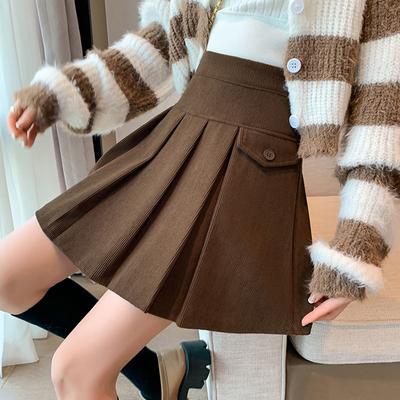 Women's Fall Fashion High Waist Pleated Skirt Corduroy Short Skirt