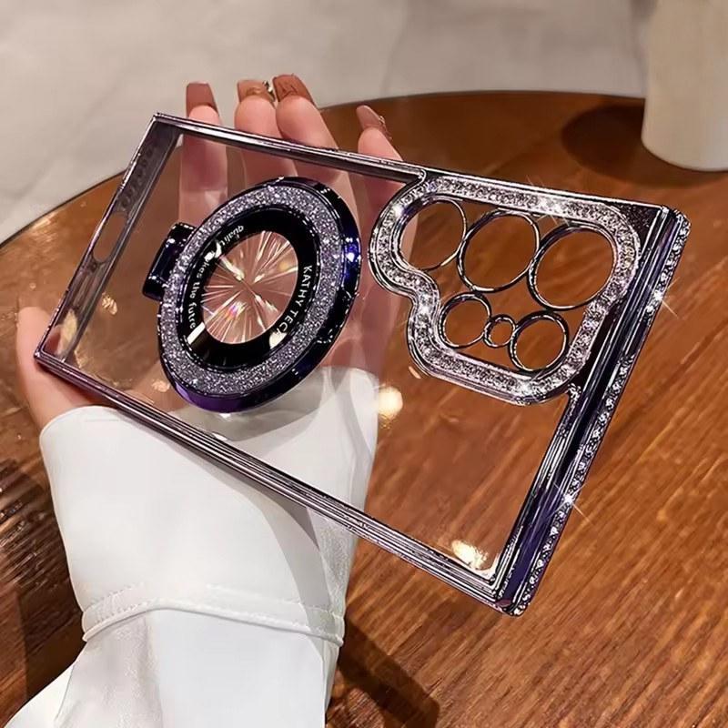 Luxusní třpytivý Magsafe držák diamantové pouzdro pro Samsung Galaxy S25 S24 Ultra S23 S22Plus pokovený kryt