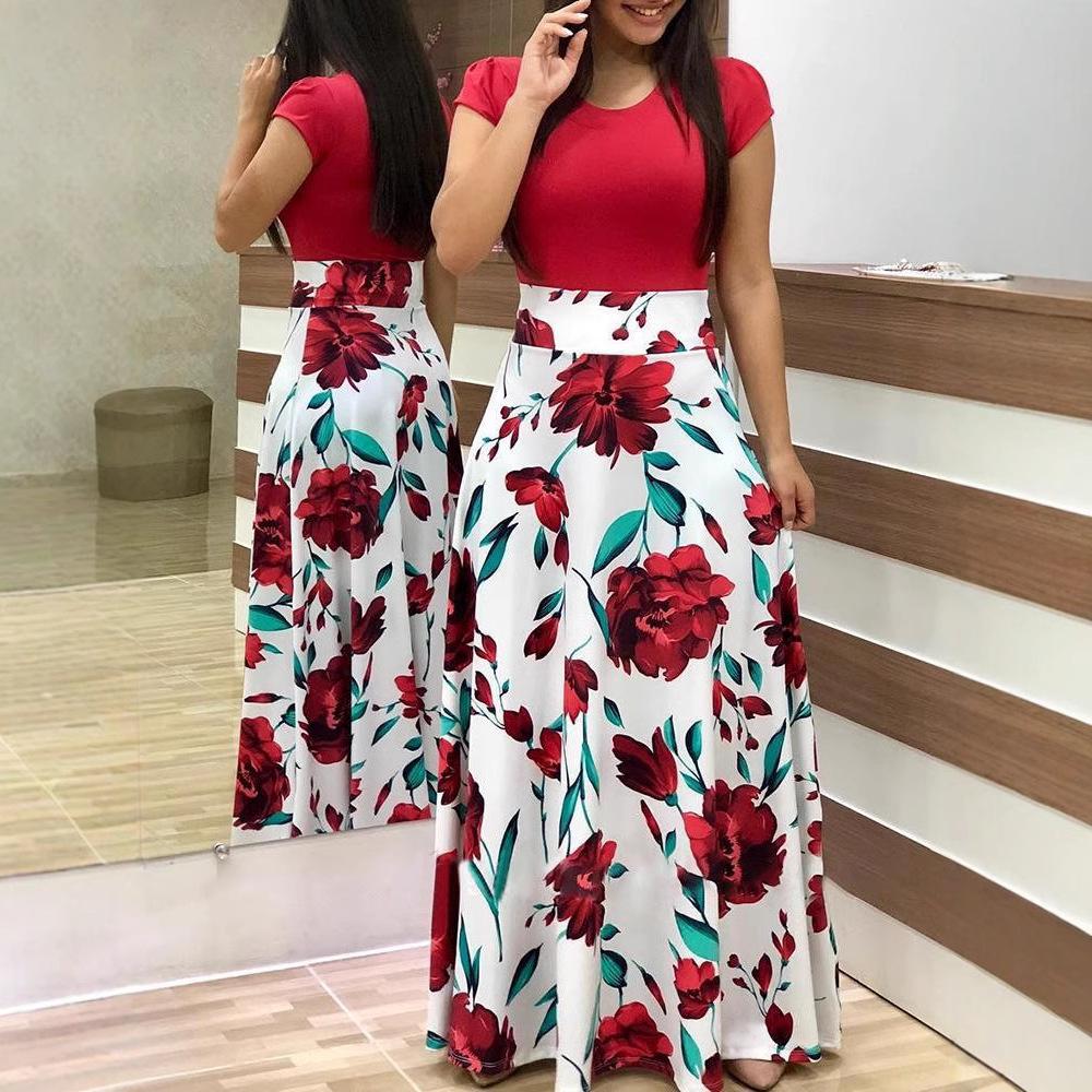 2018 Autumn Hot-Selling European & American Floral Print Color Block Long Women's Dress