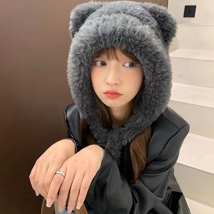 Cute Little Bear Knitted Hat for Women with Plush Thick Hat Plus Velvet Thick Ear Protection Wool Hat Cold Hat